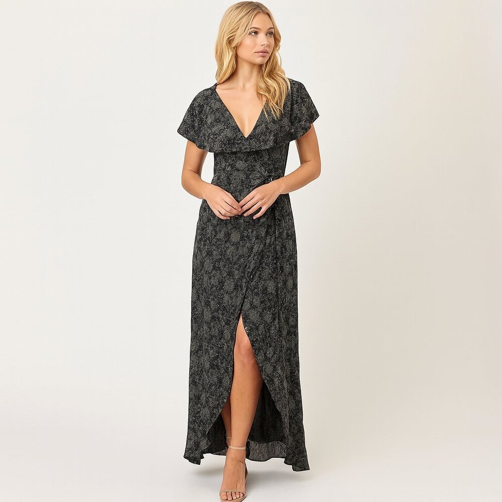 REFORMATION Floral Ruffle Viscose Dress XS Black Cinched Waist High Slit #6738